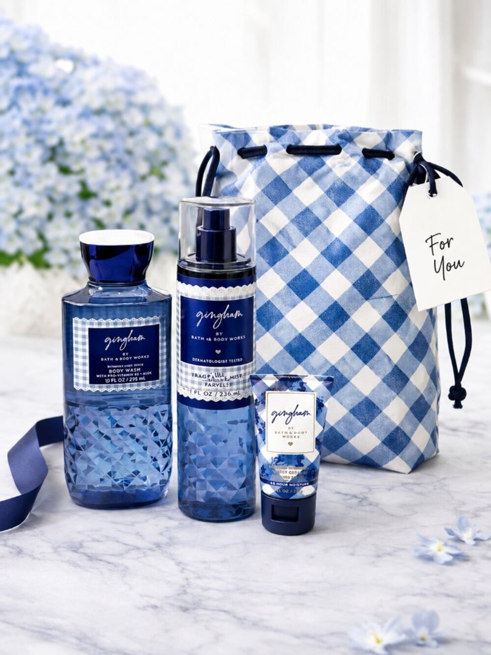 4-Piece BBW Gingham Gift Bundle w/ Faux Leather Drawstring Bag NWT